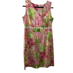 Tahiti Reef Club Womens Pink Green Tropical Patchwork Floral Daisy‎ Trim Dress M